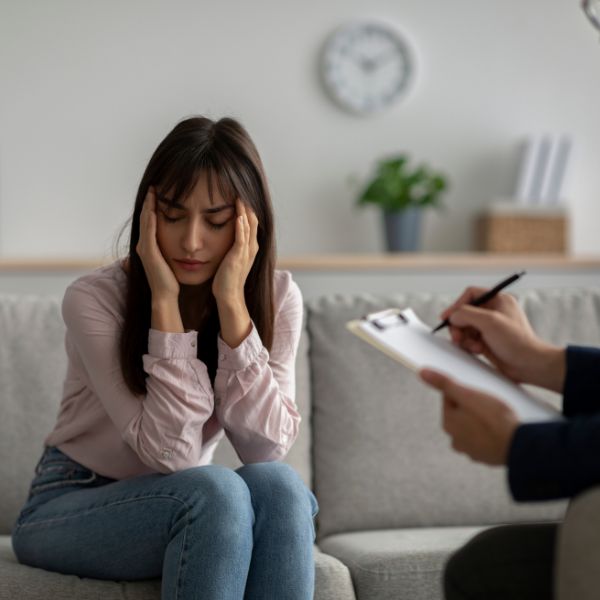 mulher com depressão em consulta com psicólogo 